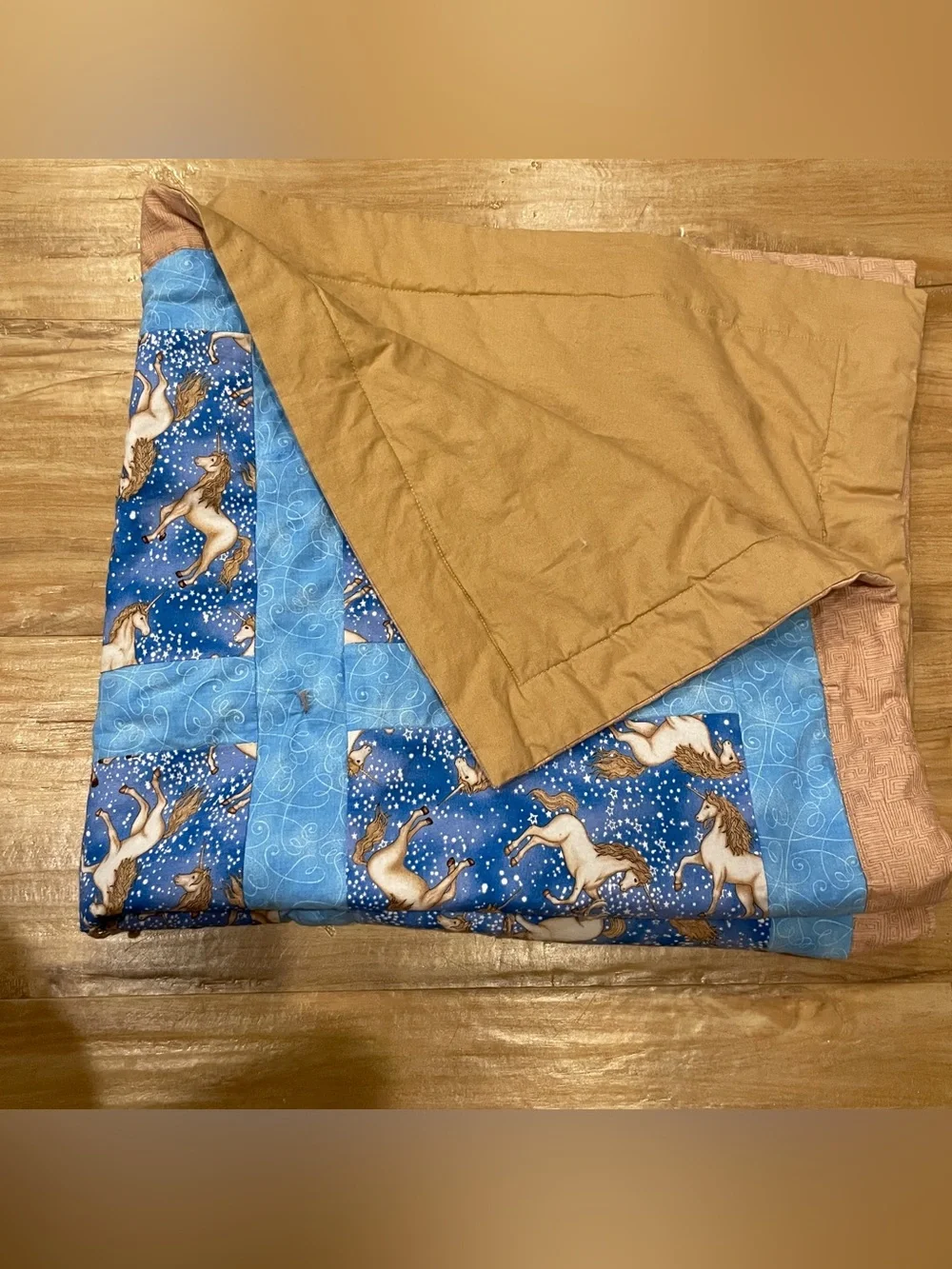 Patchwork Quilt Handmade Unicorn Blues & Brown Design-35x32”